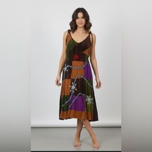 Rising International Boho Dress Embroidered Applique Tie-Dye Colorful Sz L